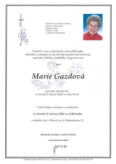 Smuteční oznámení – Marie Gazdová