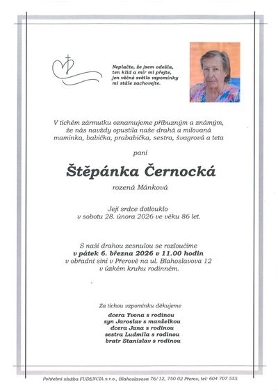 Smuteční oznámení – Štěpánka Černocká