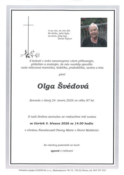 Smuteční oznámení – Olga Švédová
