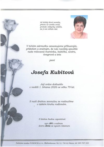 Smuteční oznámení – Josefa Kubitová