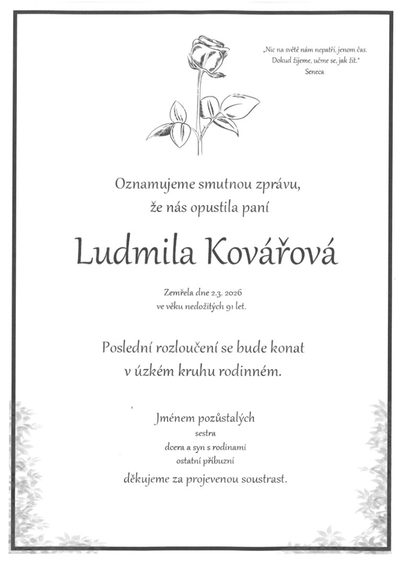 Smuteční oznámení – Ludmila Kovářová