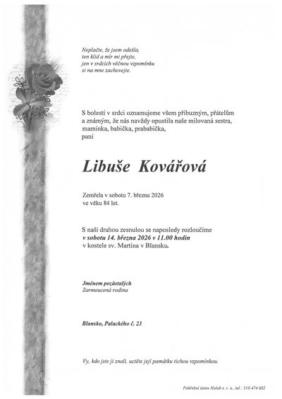 Smuteční oznámení – Libuše Kovářová