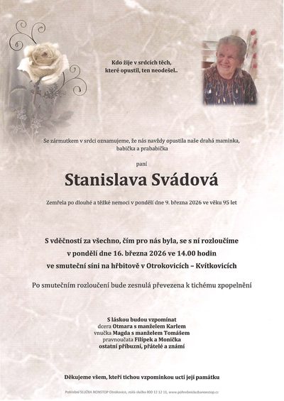Smuteční oznámení – Stanislava Svádová