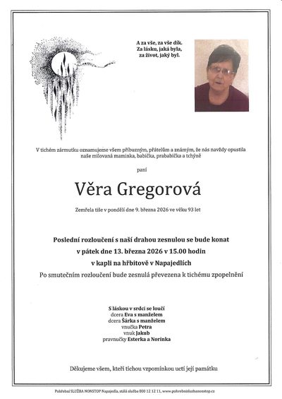 Smuteční oznámení – Věra Gregorová