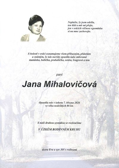 Smuteční oznámení – Jana Mihalovičová