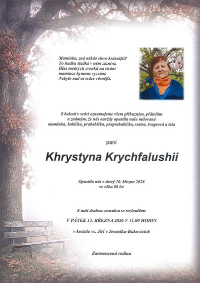 Smuteční oznámení – Khrystyna Krychfalushii