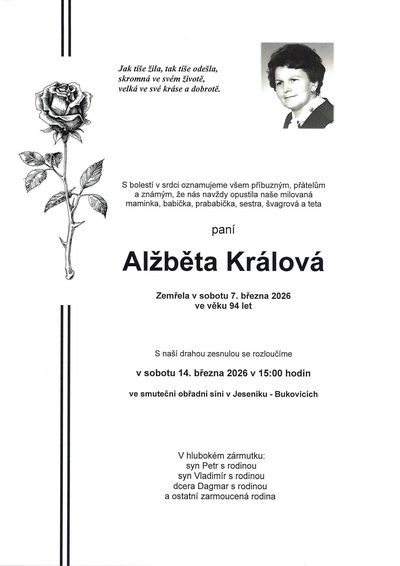Smuteční oznámení – Alžběta Králová