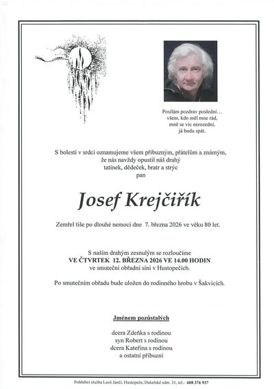 Smuteční oznámení – Josef Krejčiřík