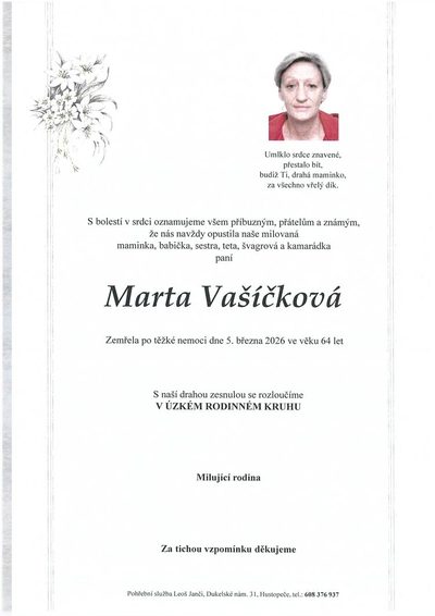 Smuteční oznámení – Marta Vašíčková