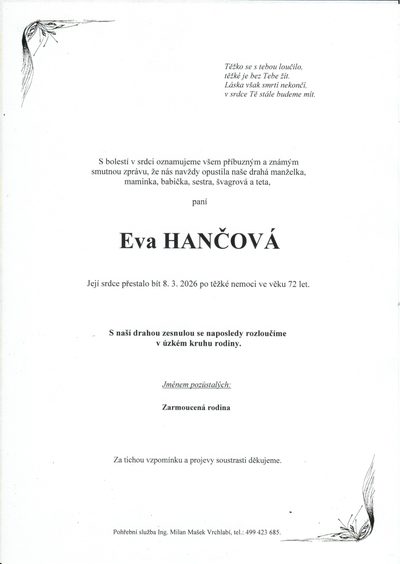 Smuteční oznámení – Eva Hančová