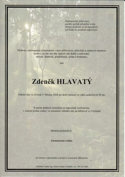 Smuteční oznámení – Zdeněk Hlavatý