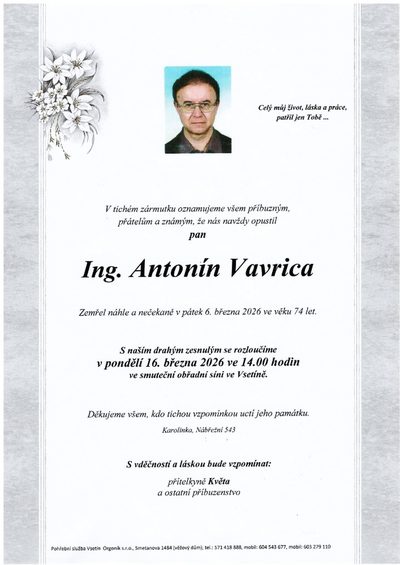 Smuteční oznámení – Antonín Vavrica