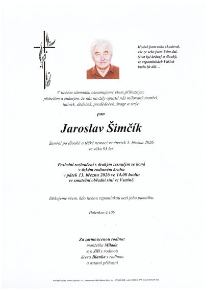 Smuteční oznámení – Jaroslav Šimčík