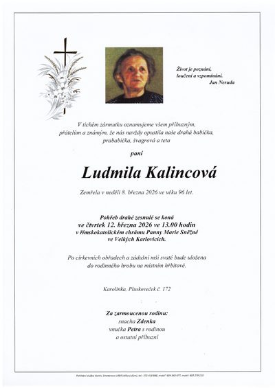 Smuteční oznámení – Ludmila Kalincová