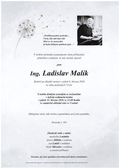 Smuteční oznámení – Ladislav Malík