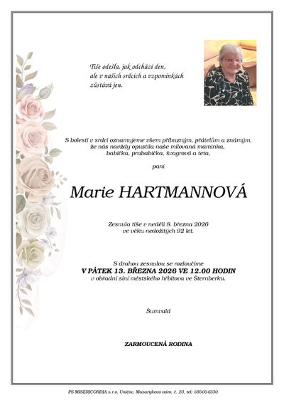 Smuteční oznámení – Marie Hartmannová