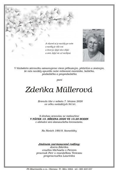 Smuteční oznámení – Zdeňka Müllerová