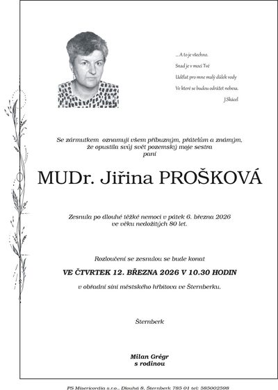Smuteční oznámení – Jiřina Prošková
