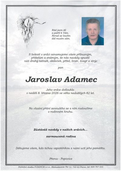 Smuteční oznámení – Jaroslav Adamec