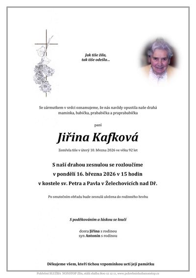 Smuteční oznámení – Jiřina Kafková