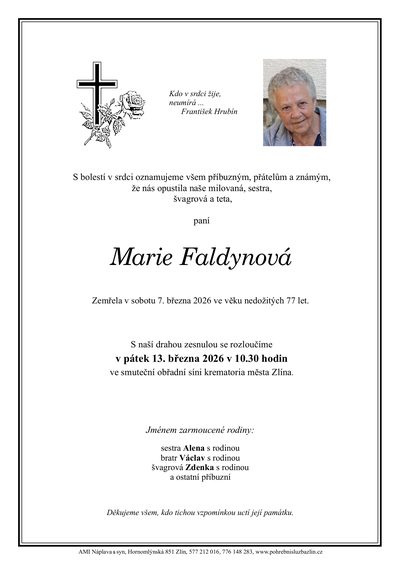 Smuteční oznámení – Marie Faldynová