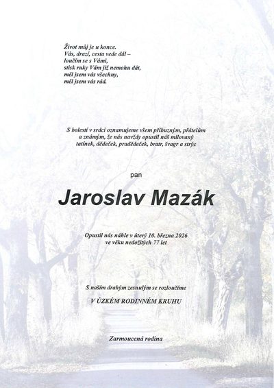 Smuteční oznámení – Jaroslav Mazák
