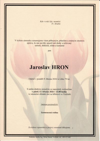Smuteční oznámení – Jaroslav Hron