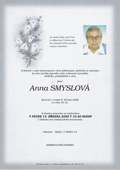 Smuteční oznámení – Anna Smyslová