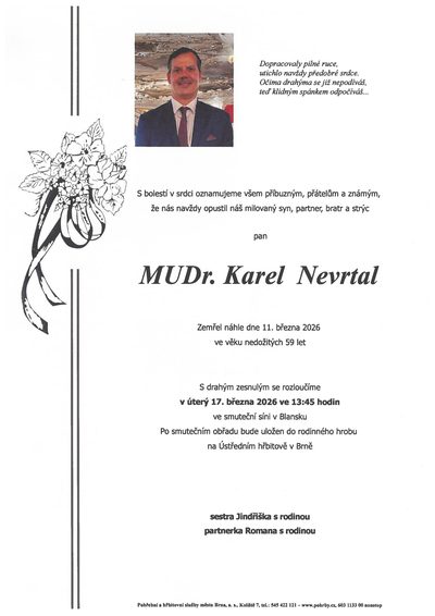 Smuteční oznámení – MUDr. Karel Nevrtal