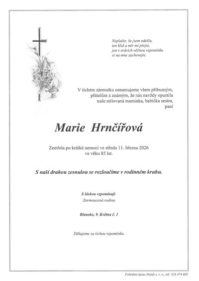 Smuteční oznámení – Marie Hrnčířová