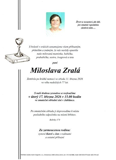 Smuteční oznámení – Miloslava Zralá