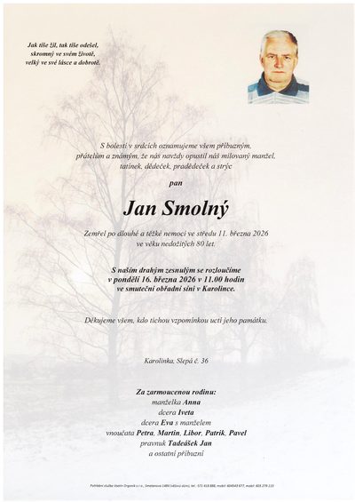 Smuteční oznámení – Jan Smolný
