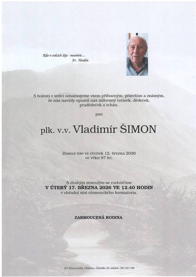 Smuteční oznámení – plk. v.v. Vladimír Šimon