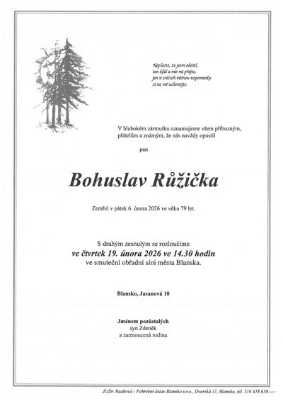 Smuteční oznámení – Bohuslav Růžička