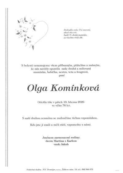 Smuteční oznámení – Olga Komínková