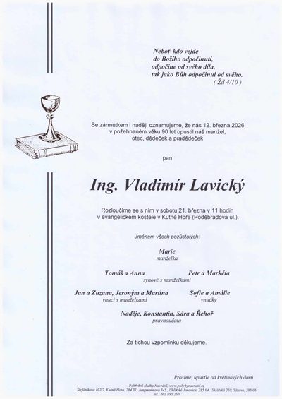 Smuteční oznámení – Vladimír Lavický