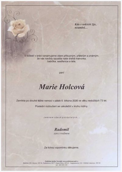 Smuteční oznámení – Marie Holcová