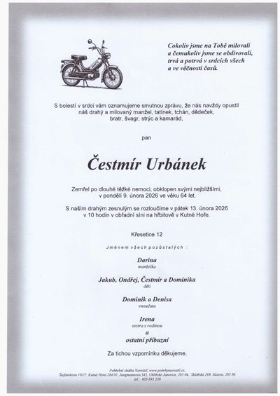 Smuteční oznámení – Čestmír Urbánek