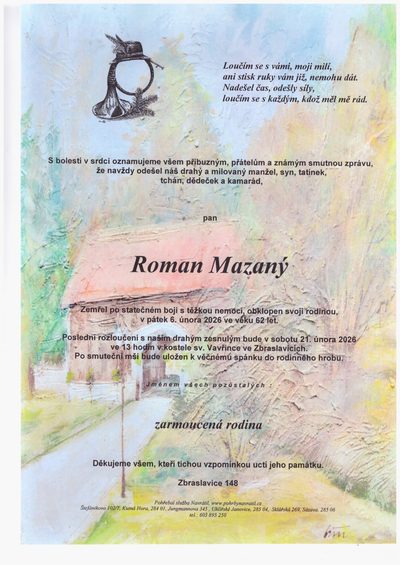 Smuteční oznámení – Roman Mazaný