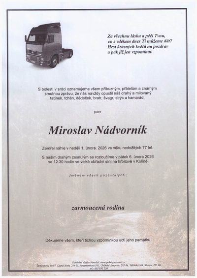 Smuteční oznámení – Miroslav Nádvorník