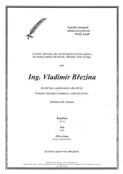 Smuteční oznámení – Vladimír Březina