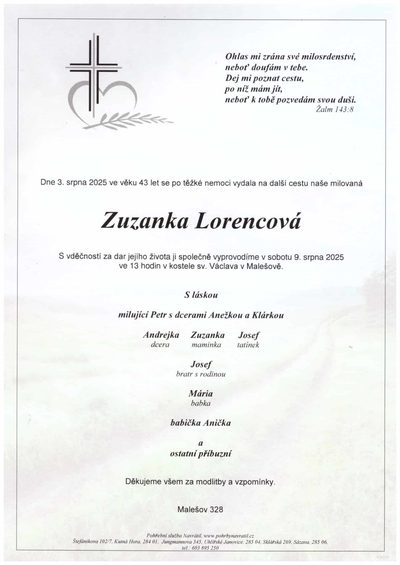 Smuteční oznámení – Zuzanka Lorencová
