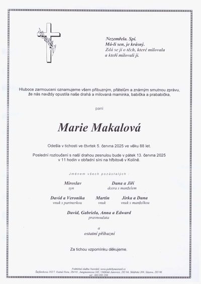 Smuteční oznámení – Marie Makalová