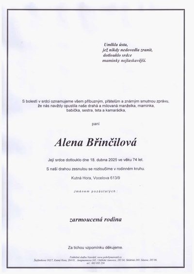 Smuteční oznámení – Alena Břinčilová