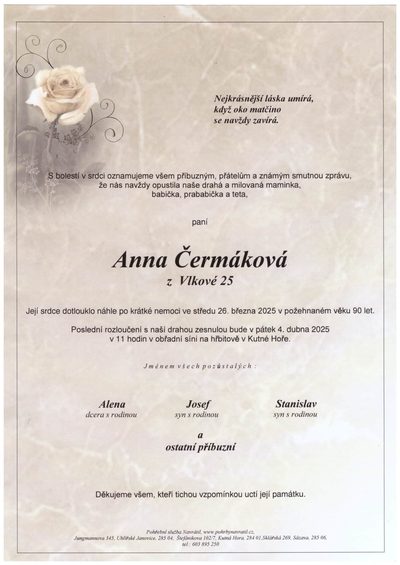 Smuteční oznámení – Anna Čermáková