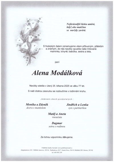 Smuteční oznámení – Alena Modálková