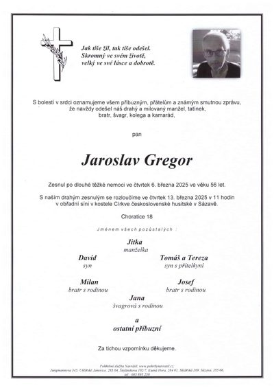 Smuteční oznámení – Jaroslav Gregor