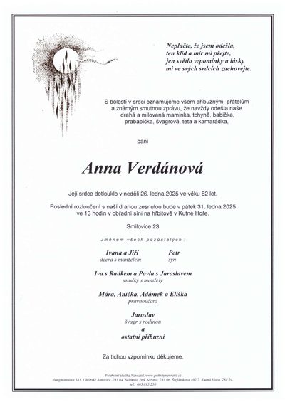 Smuteční oznámení – Anna Verdánová