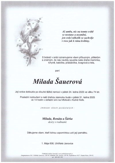 Smuteční oznámení – Milada Šauerová