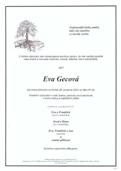 Smuteční oznámení – Eva Gecová